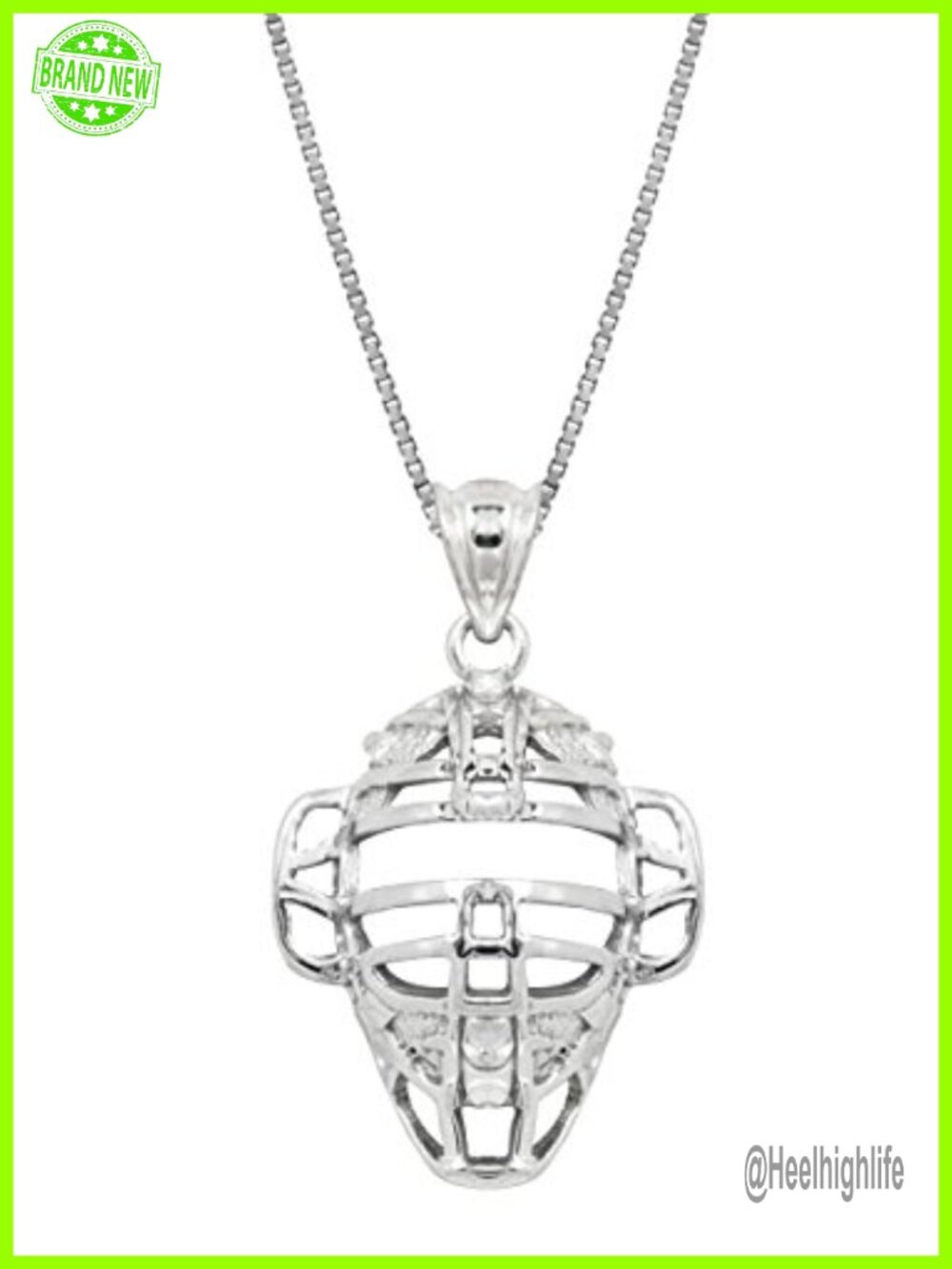 Sterling Silver Baseball Catcher Mask Necklace Pendant with Box Chain